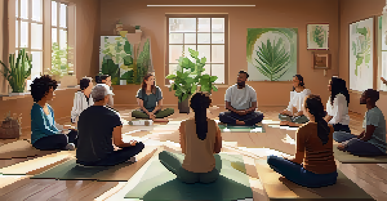 A community workshop with individuals practicing mindful breathing exercises in a bright and inviting space.