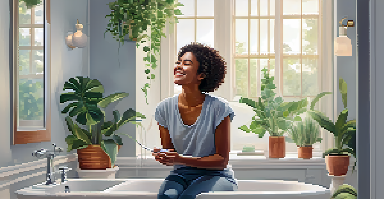 A person practicing mindfulness while brushing their teeth, surrounded by a calming bathroom environment, promoting self-care.