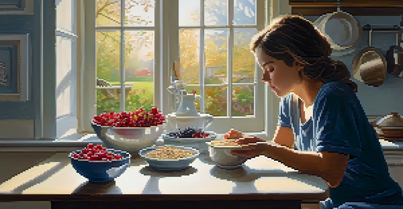 A person enjoying a bowl of oatmeal with berries in a sunlit kitchen, promoting mindful eating.
