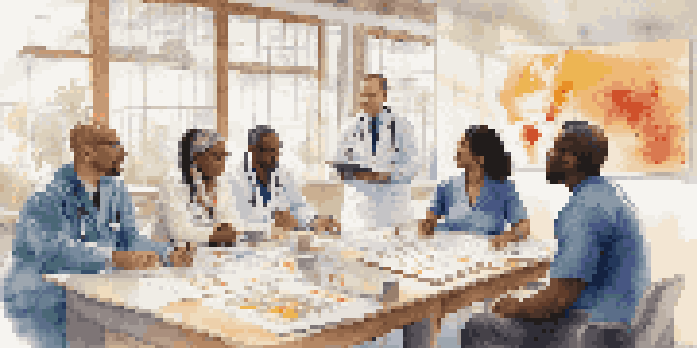 A diverse group of healthcare professionals participating in a training workshop focused on cultural competence, surrounded by colorful charts and cultural artifacts.