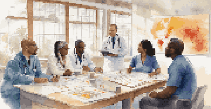 A diverse group of healthcare professionals participating in a training workshop focused on cultural competence, surrounded by colorful charts and cultural artifacts.