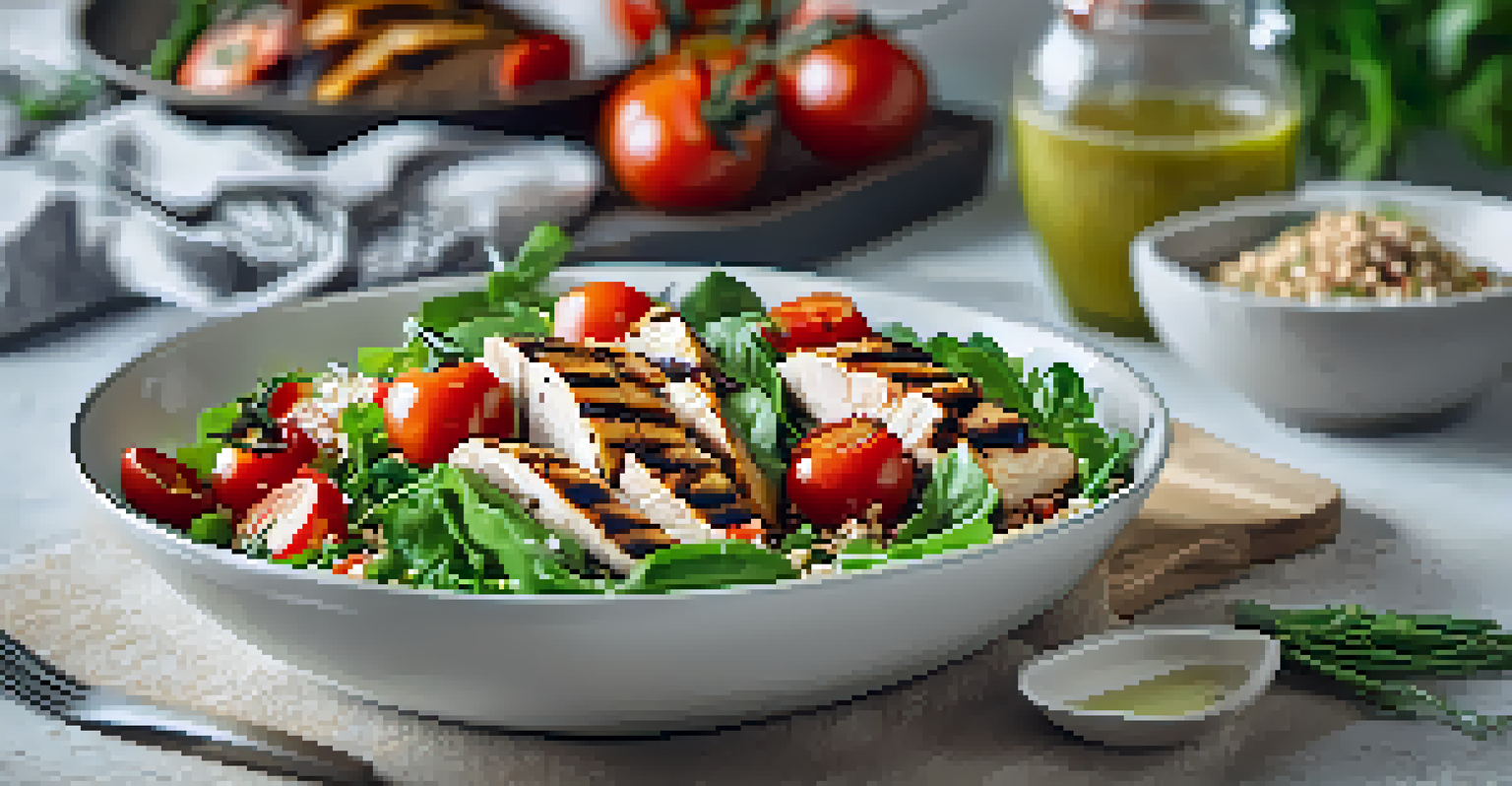 A vibrant salad bowl featuring greens, cherry tomatoes, grilled chicken, and quinoa, beautifully arranged.