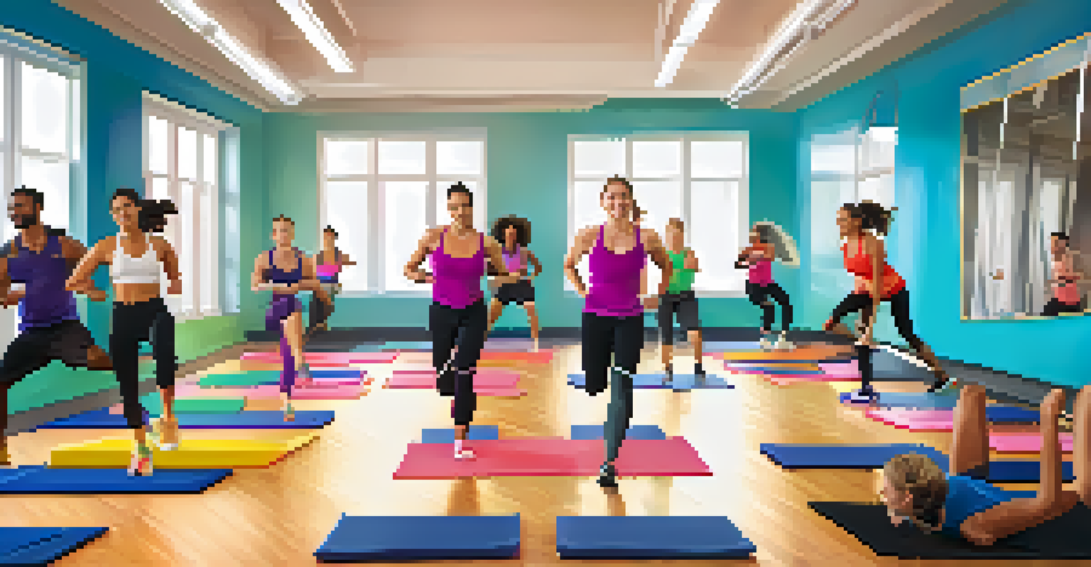 A personal trainer leads a diverse group fitness class with participants performing various exercises in a vibrant setting.
