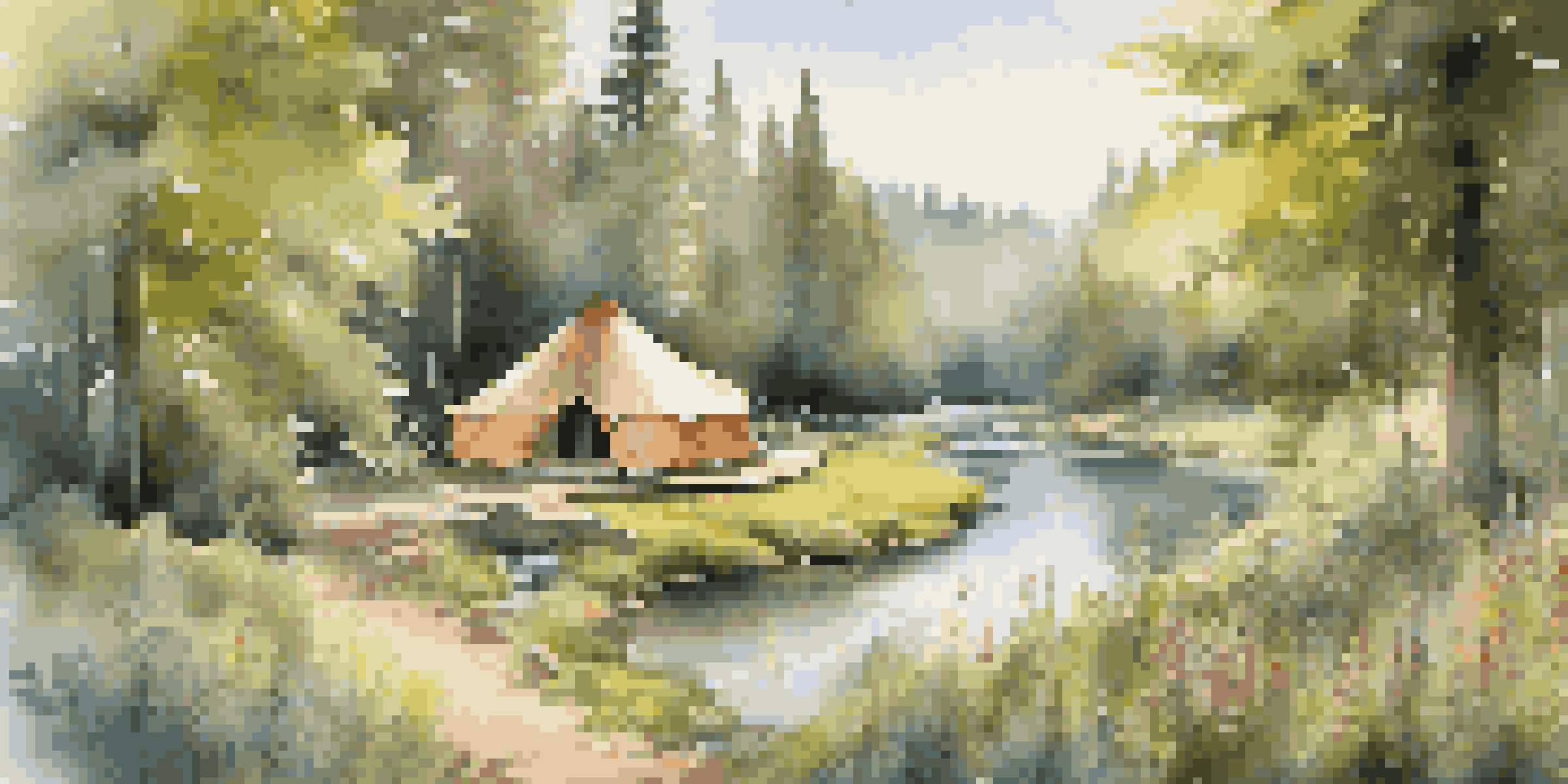 A peaceful eco-friendly retreat in a forest with glamping tents and a flowing river, illuminated by soft morning light.
