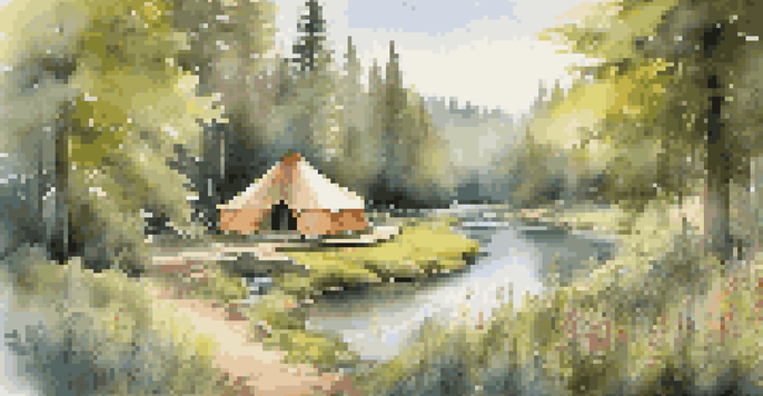 A peaceful eco-friendly retreat in a forest with glamping tents and a flowing river, illuminated by soft morning light.