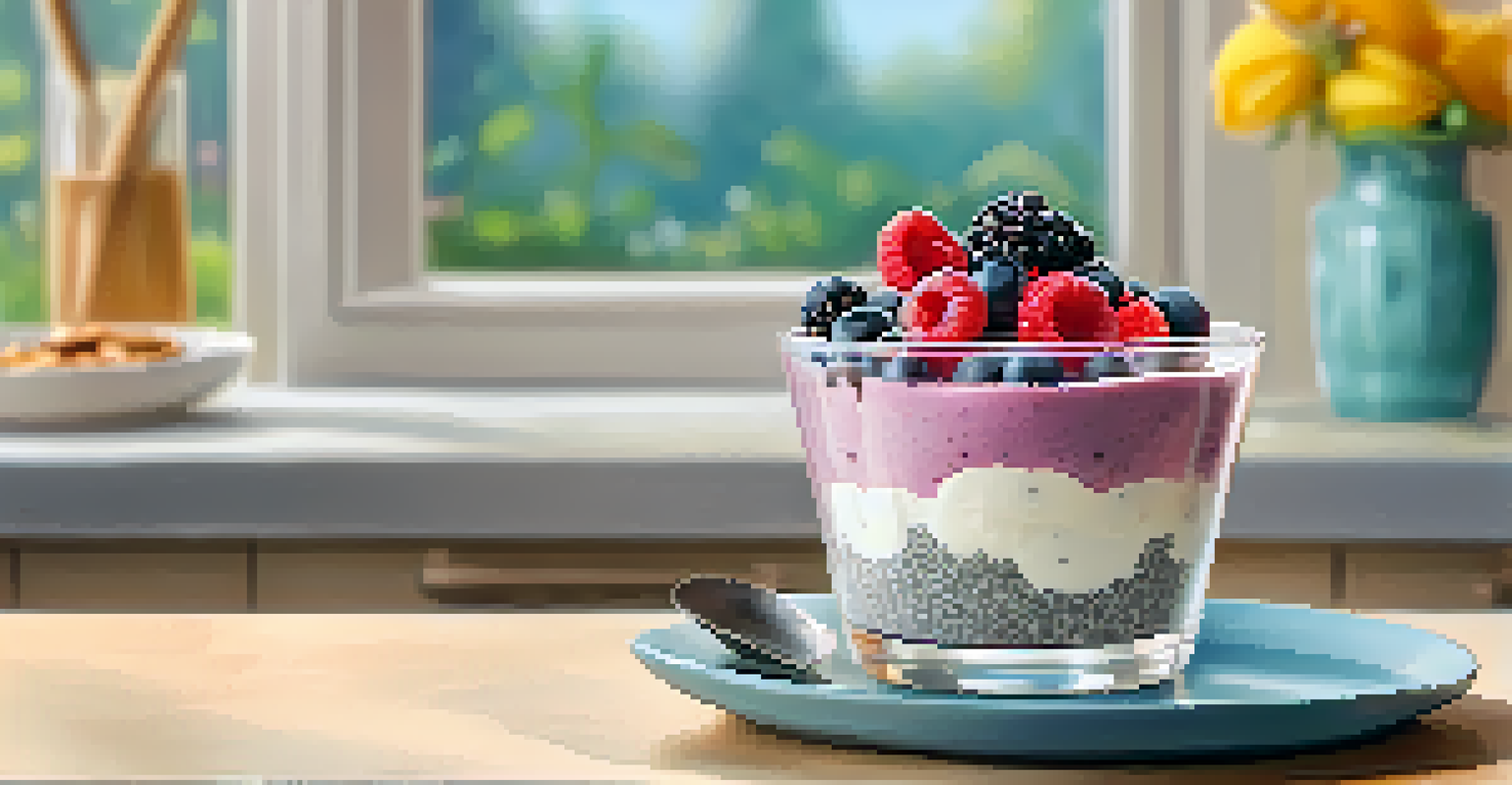 Frozen yogurt with berries and chia pudding with banana slices on a bright kitchen counter.