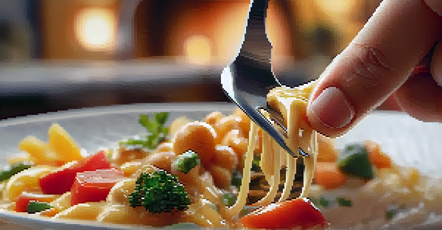 A close-up of a fork with a bite of colorful food in a cozy kitchen setting.