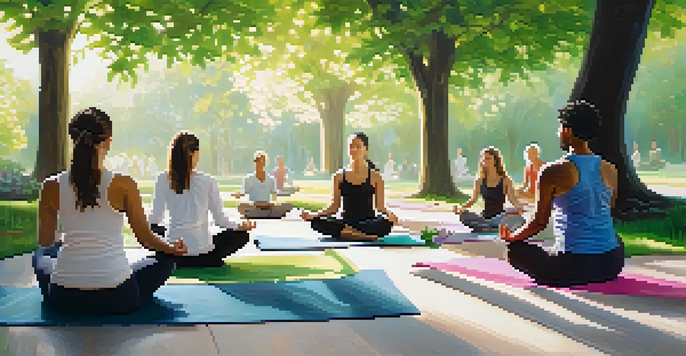 A diverse group of people practicing yoga in a sunny park, surrounded by greenery and flowers, with soft morning light illuminating the scene.