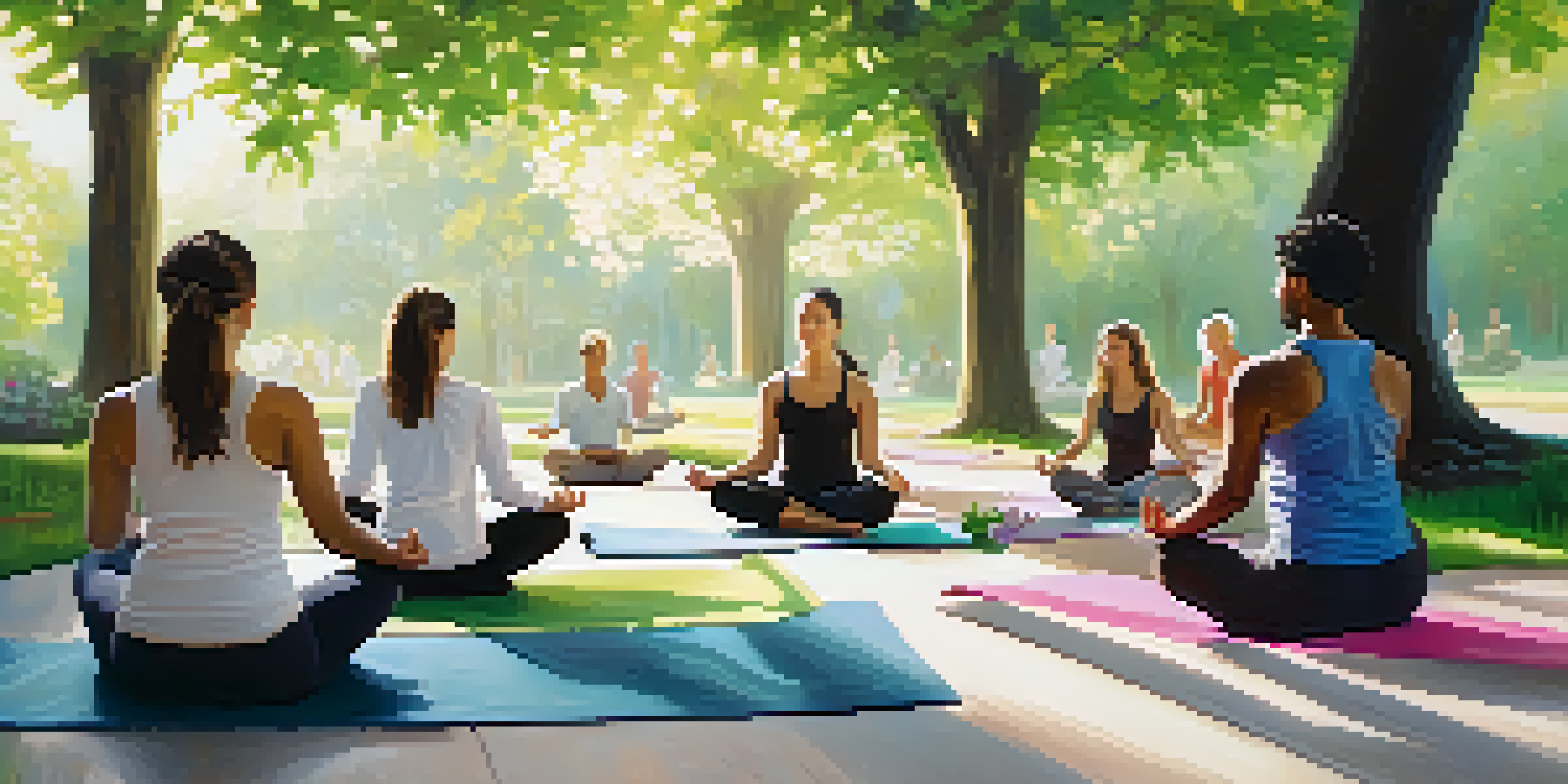 A diverse group of people practicing yoga in a sunny park, surrounded by greenery and flowers, with soft morning light illuminating the scene.