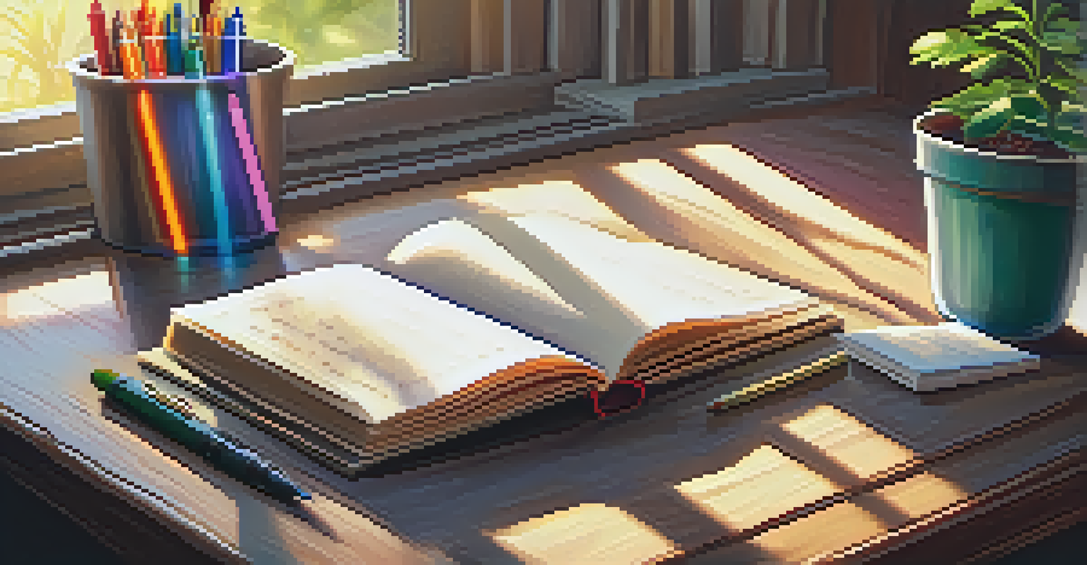 An open journal with colorful pens and a potted plant on a wooden table, illuminated by sunlight.