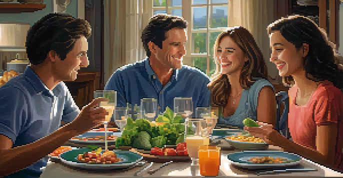 A warm and inviting family dining scene with a beautifully set table, colorful dishes, and smiling family members sharing a meal.