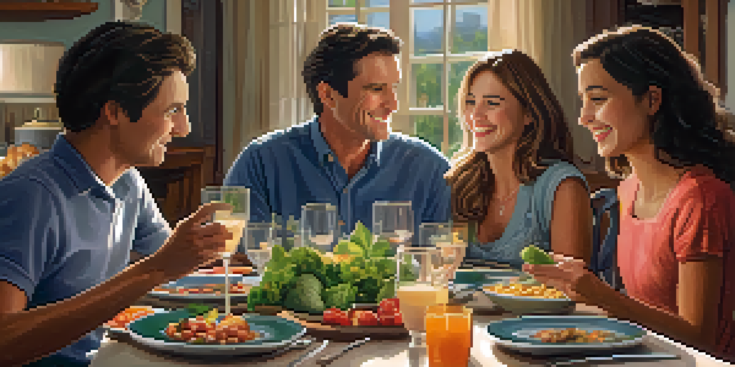 A warm and inviting family dining scene with a beautifully set table, colorful dishes, and smiling family members sharing a meal.