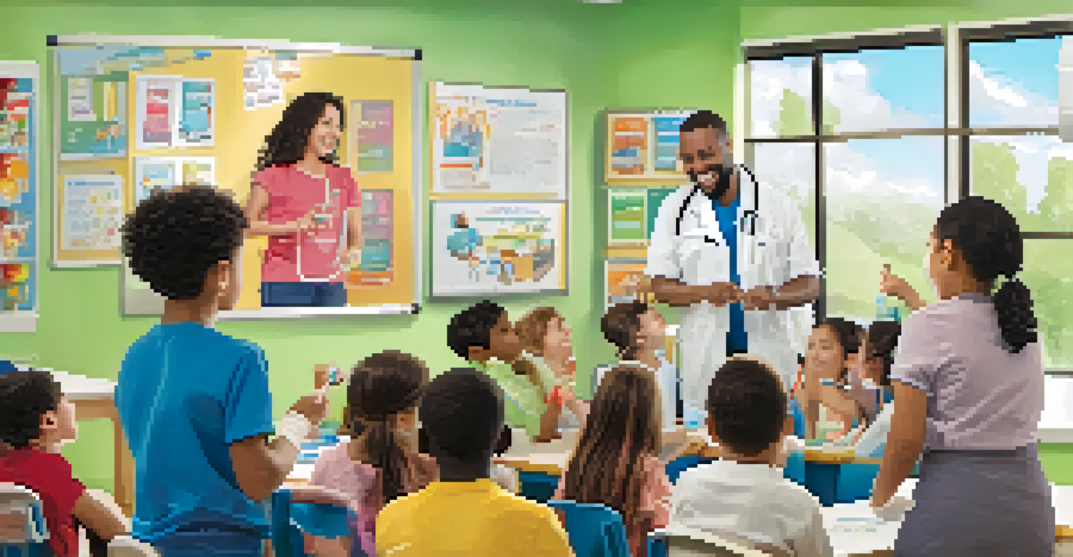 A dental professional teaching children about brushing and flossing techniques in a colorful classroom filled with educational materials.