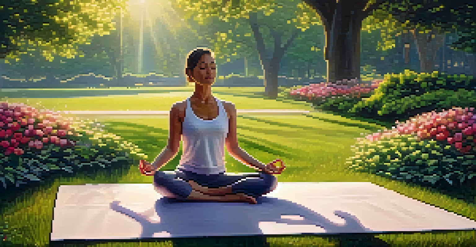 A person practicing yoga in a peaceful park at sunrise, surrounded by greenery and blooming flowers.