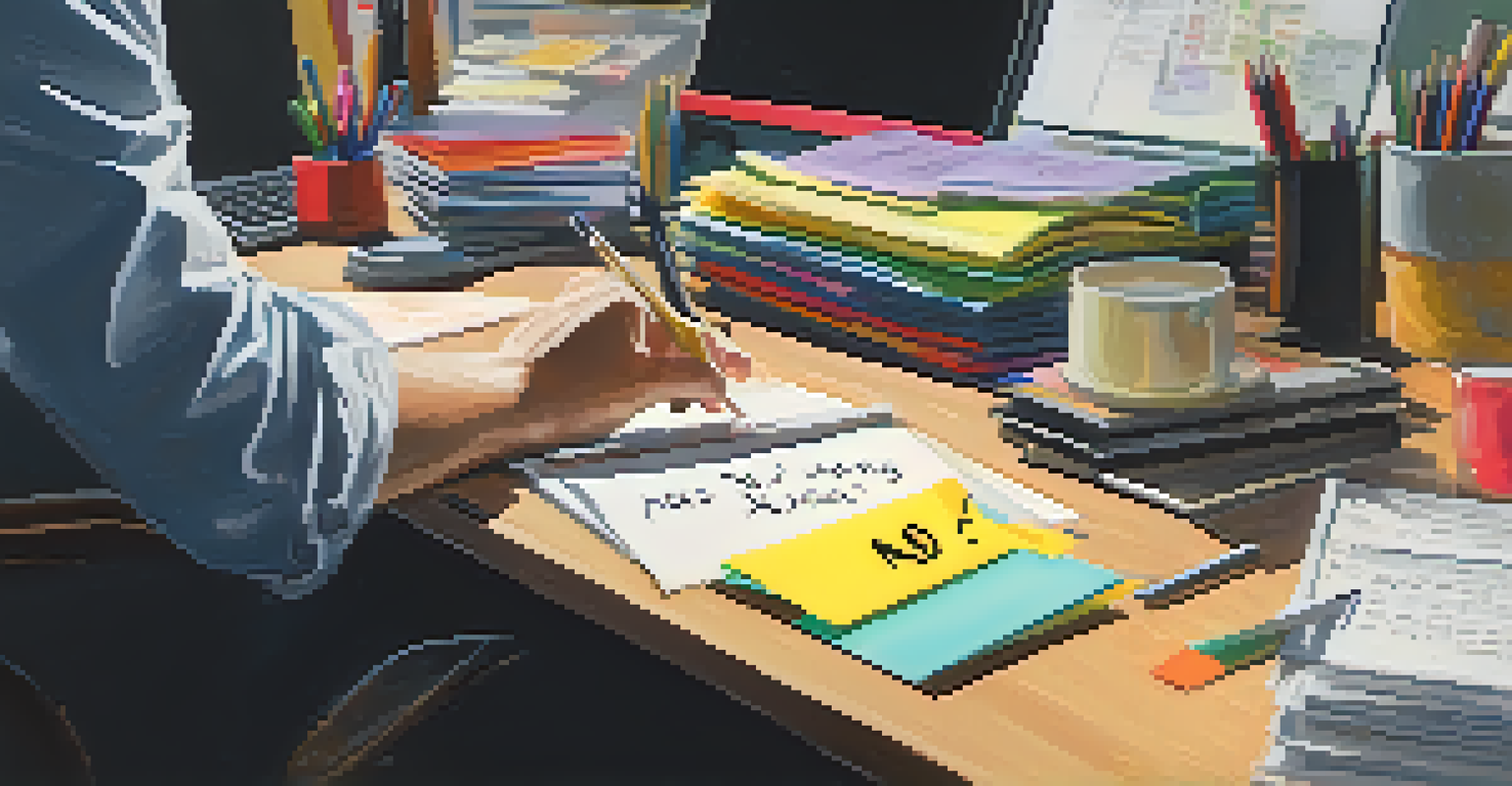 A hand writing 'No' on a sticky note, with a busy desk in the background filled with paperwork and a laptop.