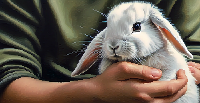 Close-up of a person holding a fluffy rabbit on their lap, focusing on the bond between them.
