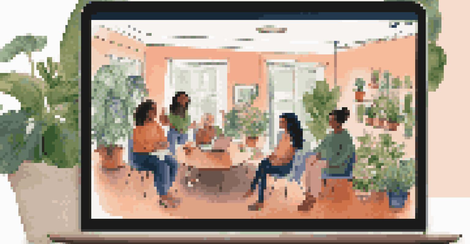 A virtual support group meeting on a laptop, with participants sharing their recovery experiences in a friendly environment.