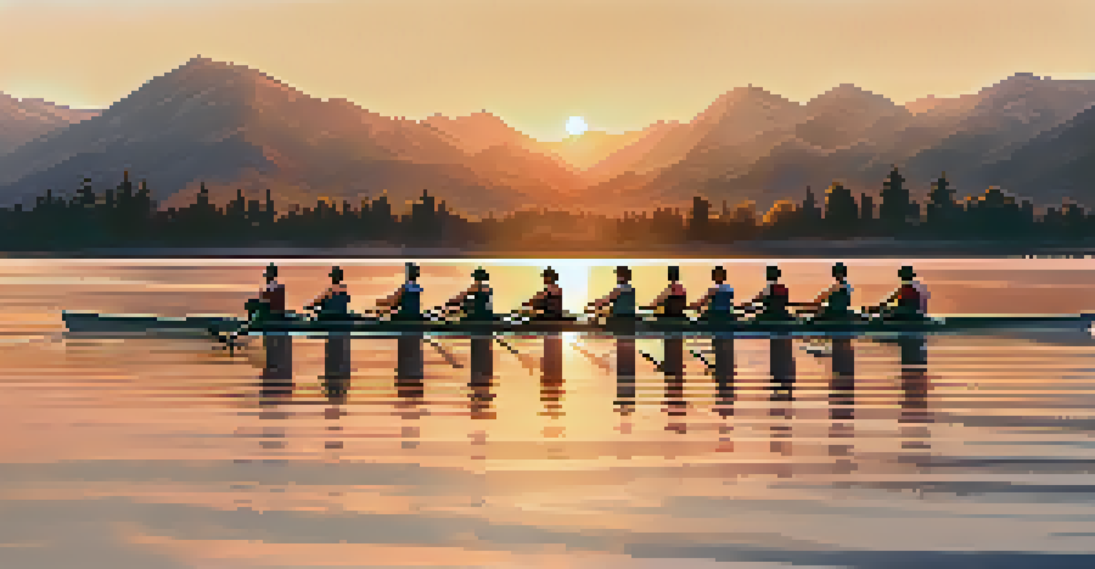 Athletes in adaptive rowing boats on a calm lake at sunset, reflecting teamwork and determination against a beautiful backdrop.
