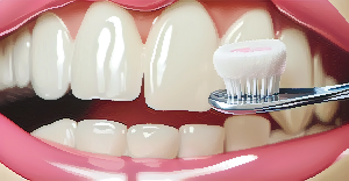 A close-up of a healthy mouth with white teeth and pink gums, featuring a toothbrush and toothpaste.