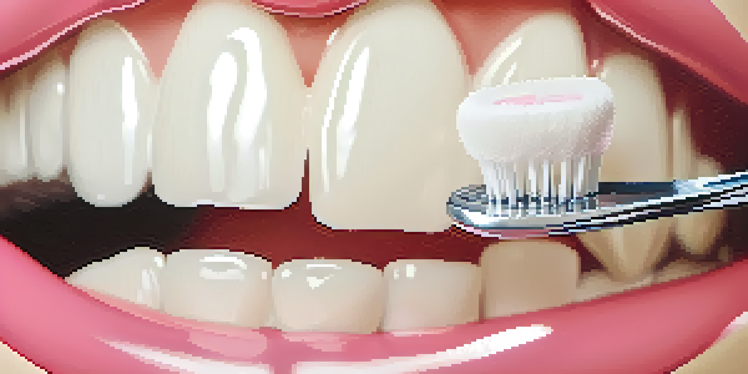 A close-up of a healthy mouth with white teeth and pink gums, featuring a toothbrush and toothpaste.
