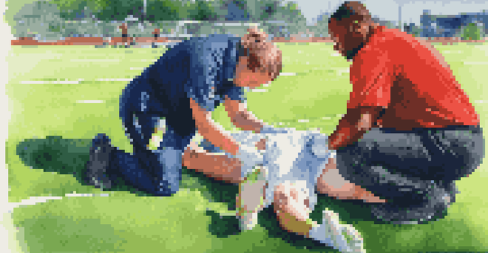 An athletic trainer applying ice to a young athlete's sprained ankle on a sports field, with teammates showing support.