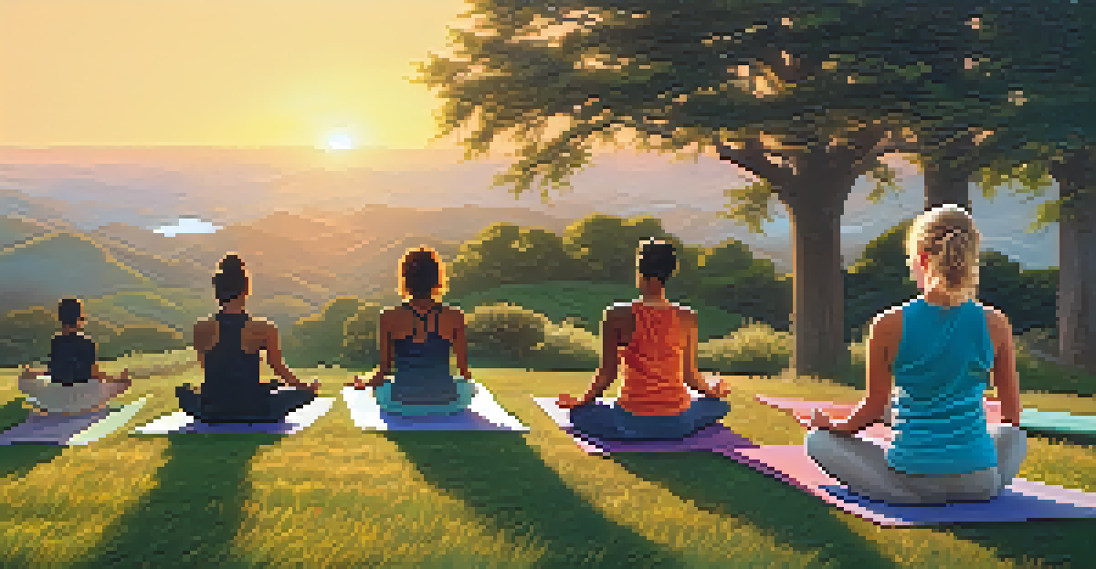 A group of people practicing yoga on a hill at sunrise, representing the connection between mental and physical health.
