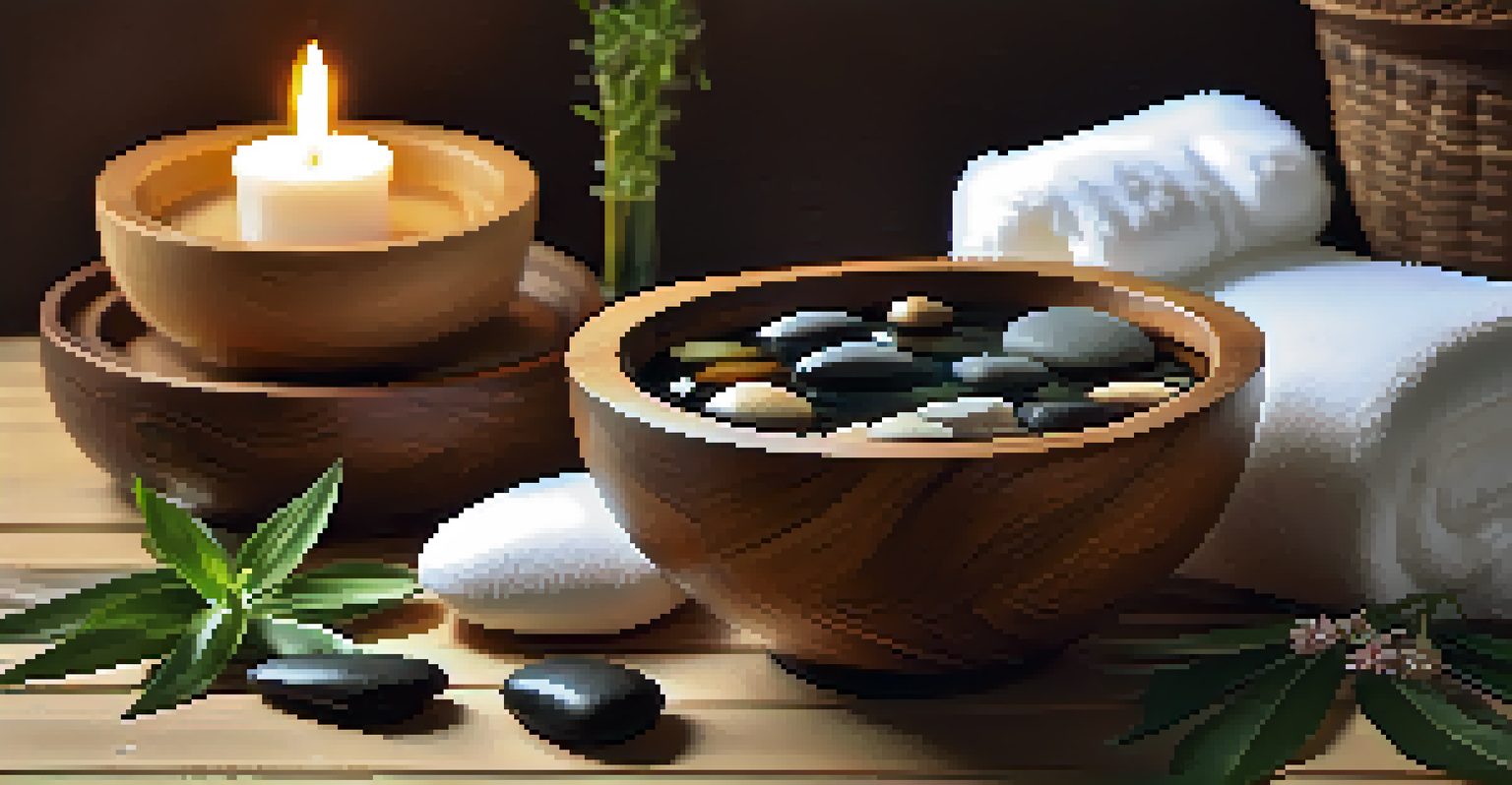 A tranquil spa setting featuring a bowl of warm water with frankincense oil, smooth stones, and candles.