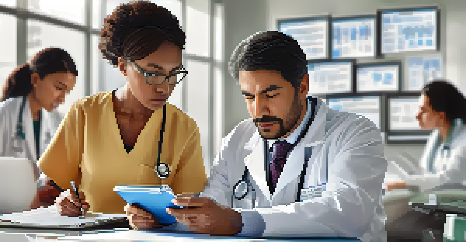 A family physician examines vaccination records on a tablet in an organized office with medical charts.