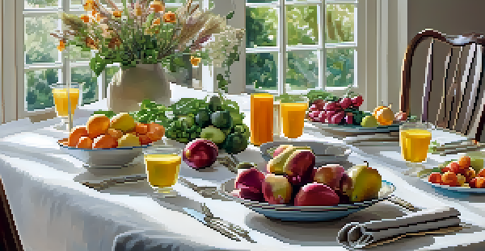 A beautifully arranged dining table with fresh fruits, vegetables, and whole grains, illuminated by natural light, creating a peaceful atmosphere for mindful eating.