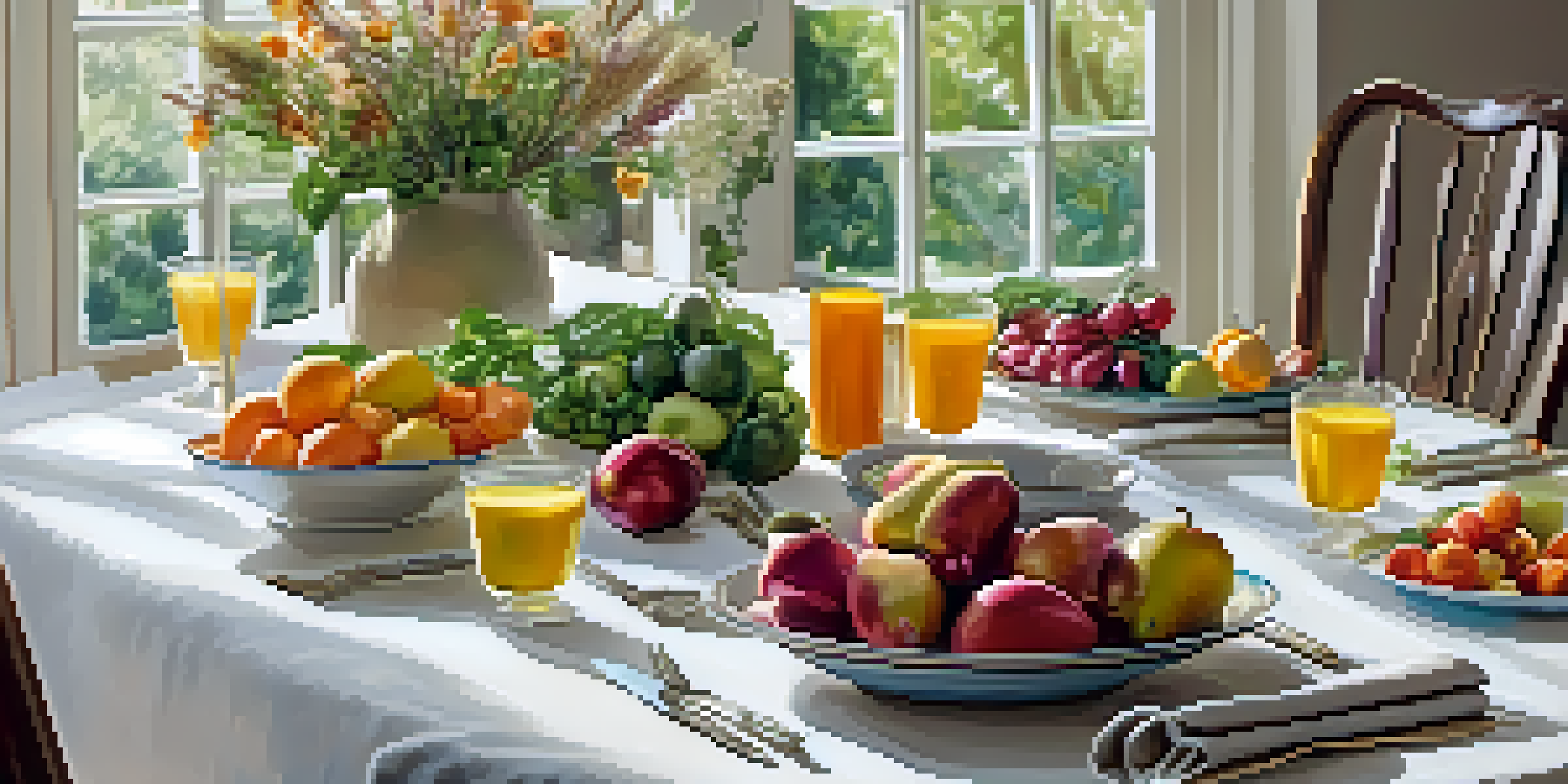 A beautifully arranged dining table with fresh fruits, vegetables, and whole grains, illuminated by natural light, creating a peaceful atmosphere for mindful eating.