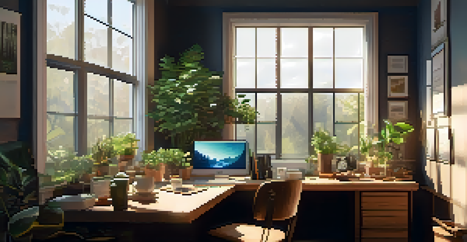 A bright workspace with sunlight streaming through a window, illuminating a wooden desk filled with plants and a laptop.