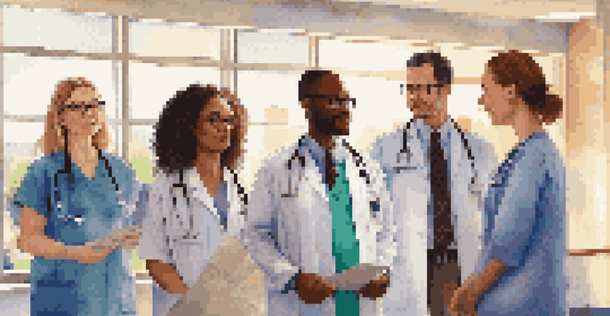 A group of diverse healthcare professionals in a clinic, discussing vaccination and displaying health awareness posters.