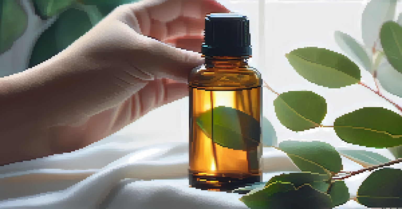 A hand holding a bottle of eucalyptus oil with eucalyptus leaves in the background.
