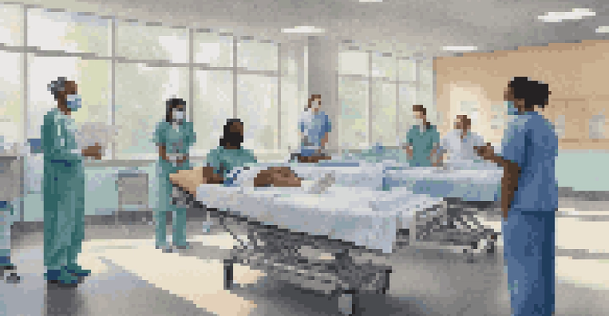 A healthcare worker interacting with a diverse group of patients in a hospital triage area, emphasizing communication and care.