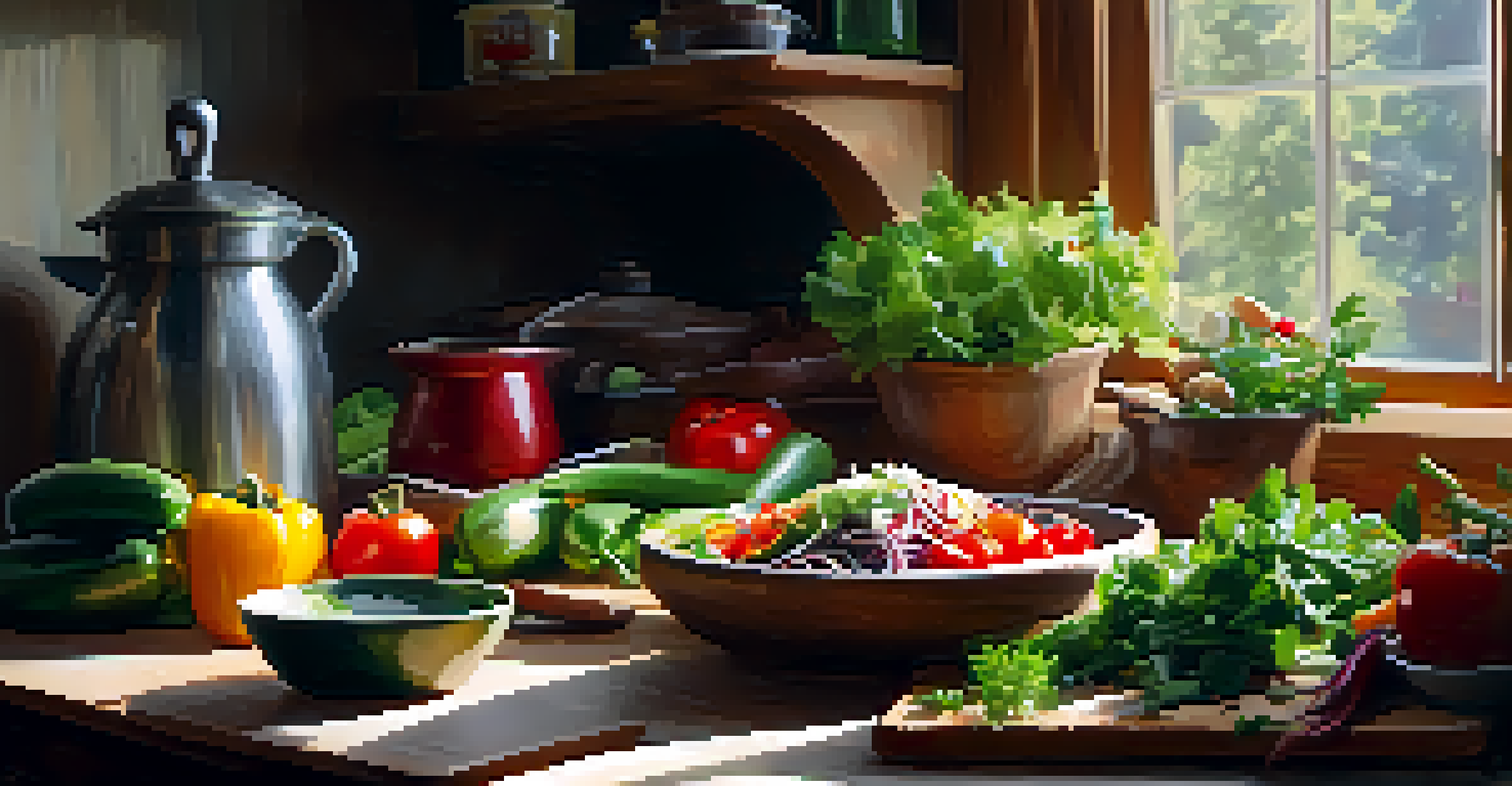 A close-up of hands chopping vegetables for a salad in a rustic kitchen, with fresh produce and natural light creating a vibrant scene.