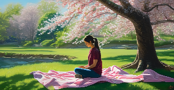 A person meditating in a green park under a cherry blossom tree, with sunlight and butterflies around.