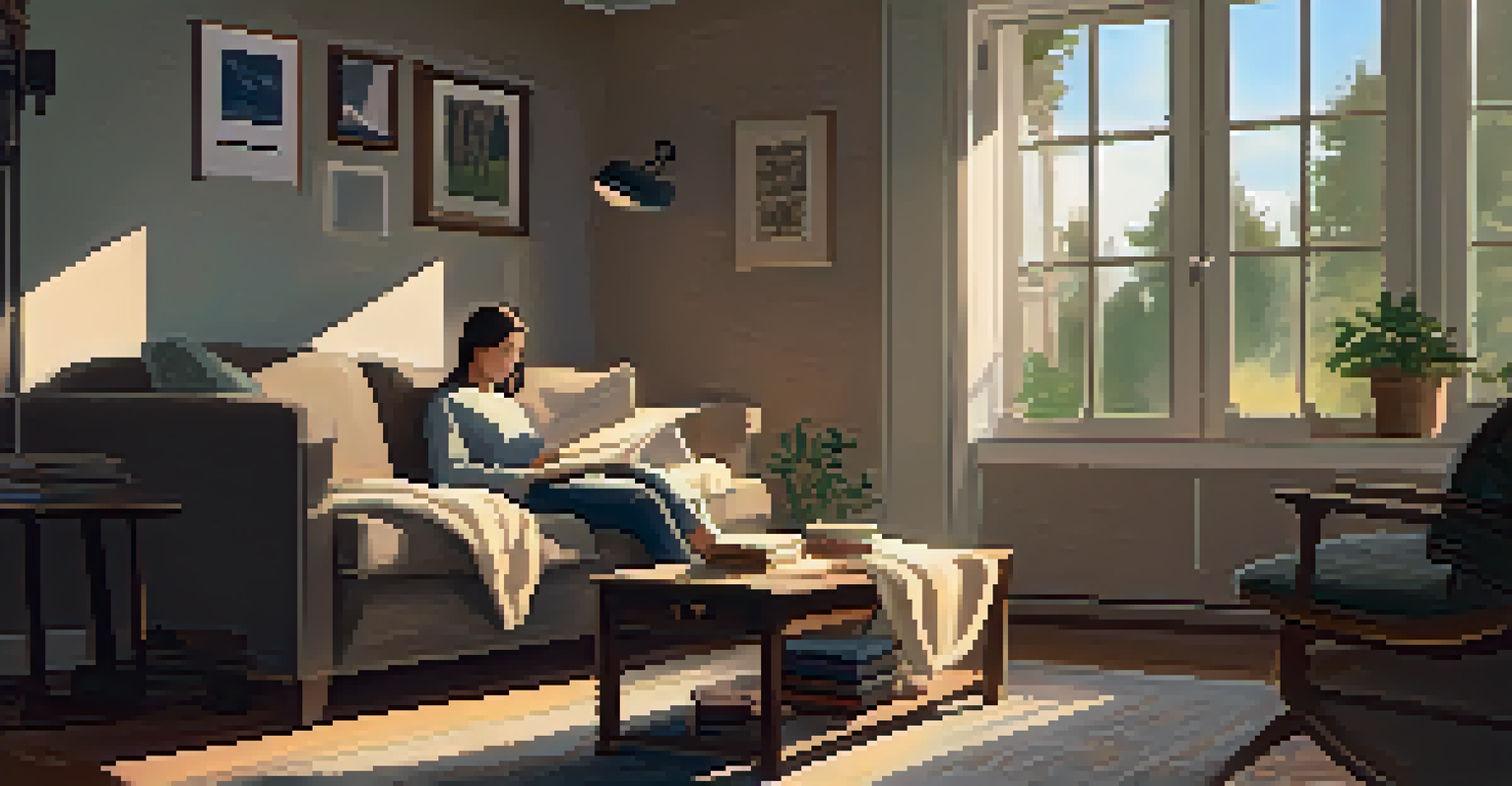 A person relaxing on a sofa with a blanket and a book, in a cozy room illuminated by warm light.