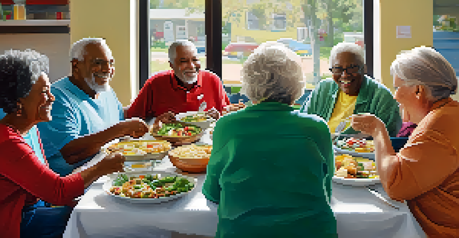 A diverse group of older adults enjoying a nutritious meal together in a community kitchen, highlighting social connections.