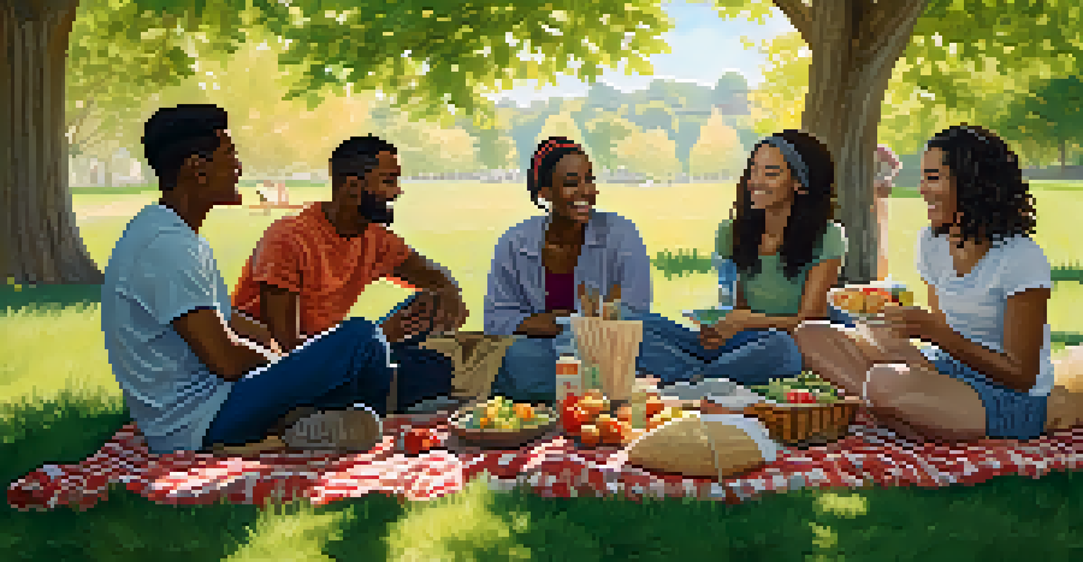 A diverse group of individuals enjoying a picnic outdoors, sharing stories and laughter in a vibrant and sunny setting.