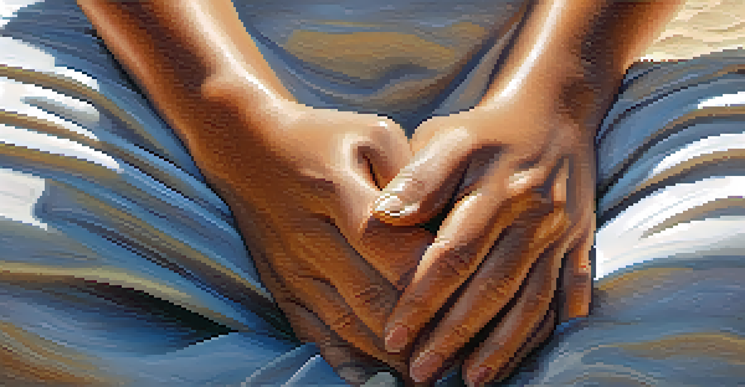 Close-up of hands practicing deep breathing exercises against a calming nature background.