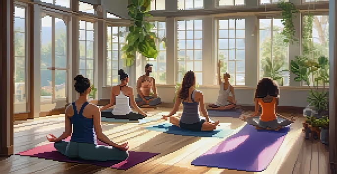 A diverse group of people practicing yoga in a bright, sunlit room filled with plants and calming decor.