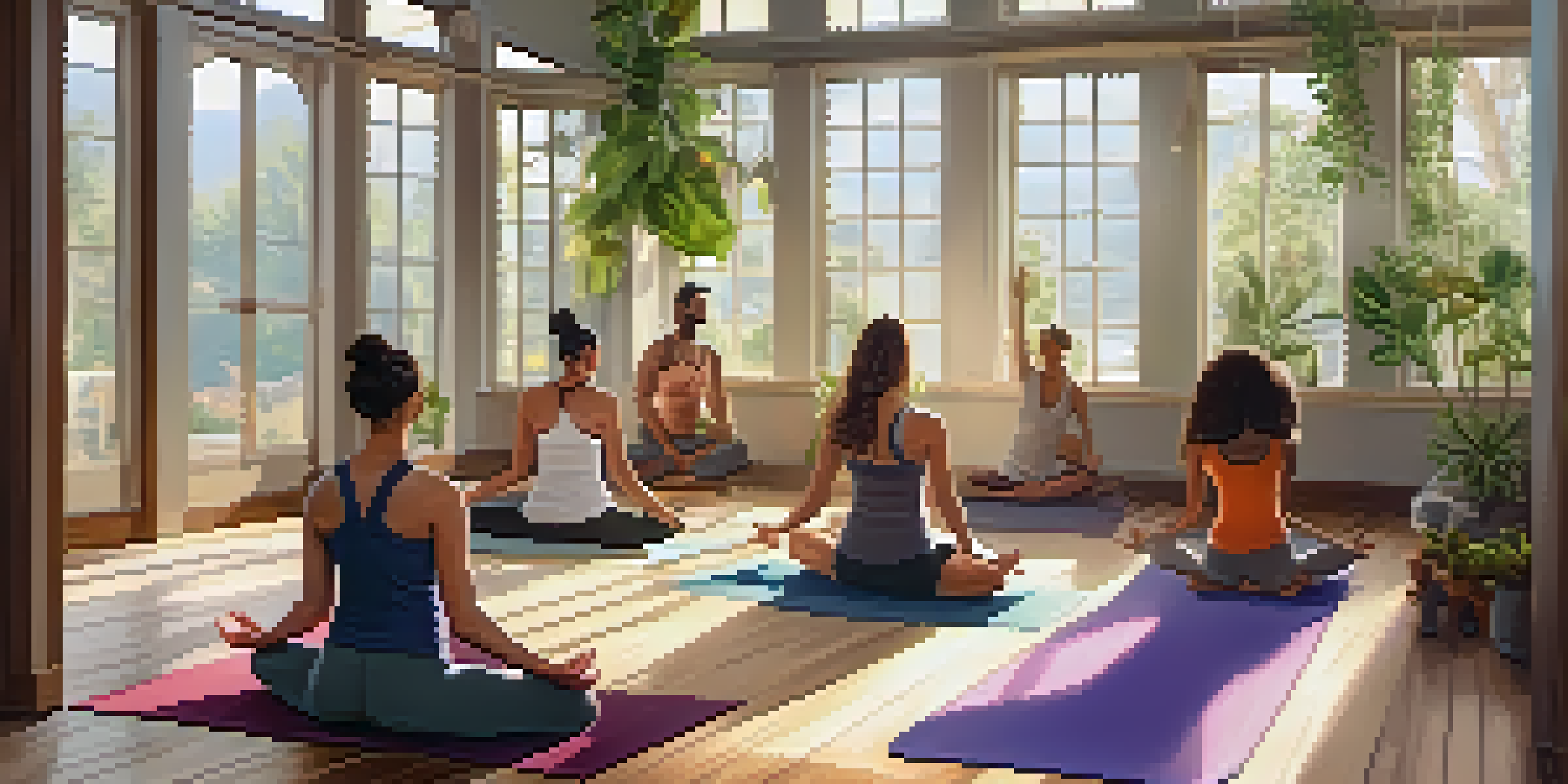 A diverse group of people practicing yoga in a bright, sunlit room filled with plants and calming decor.