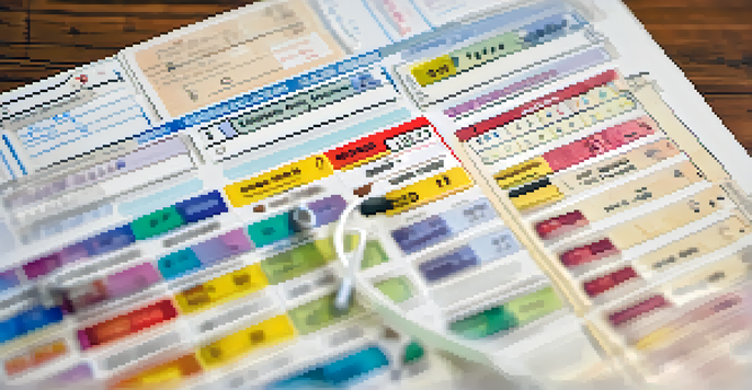 A vaccination record card with colorful stickers and stamps on a wooden table, surrounded by medical supplies.