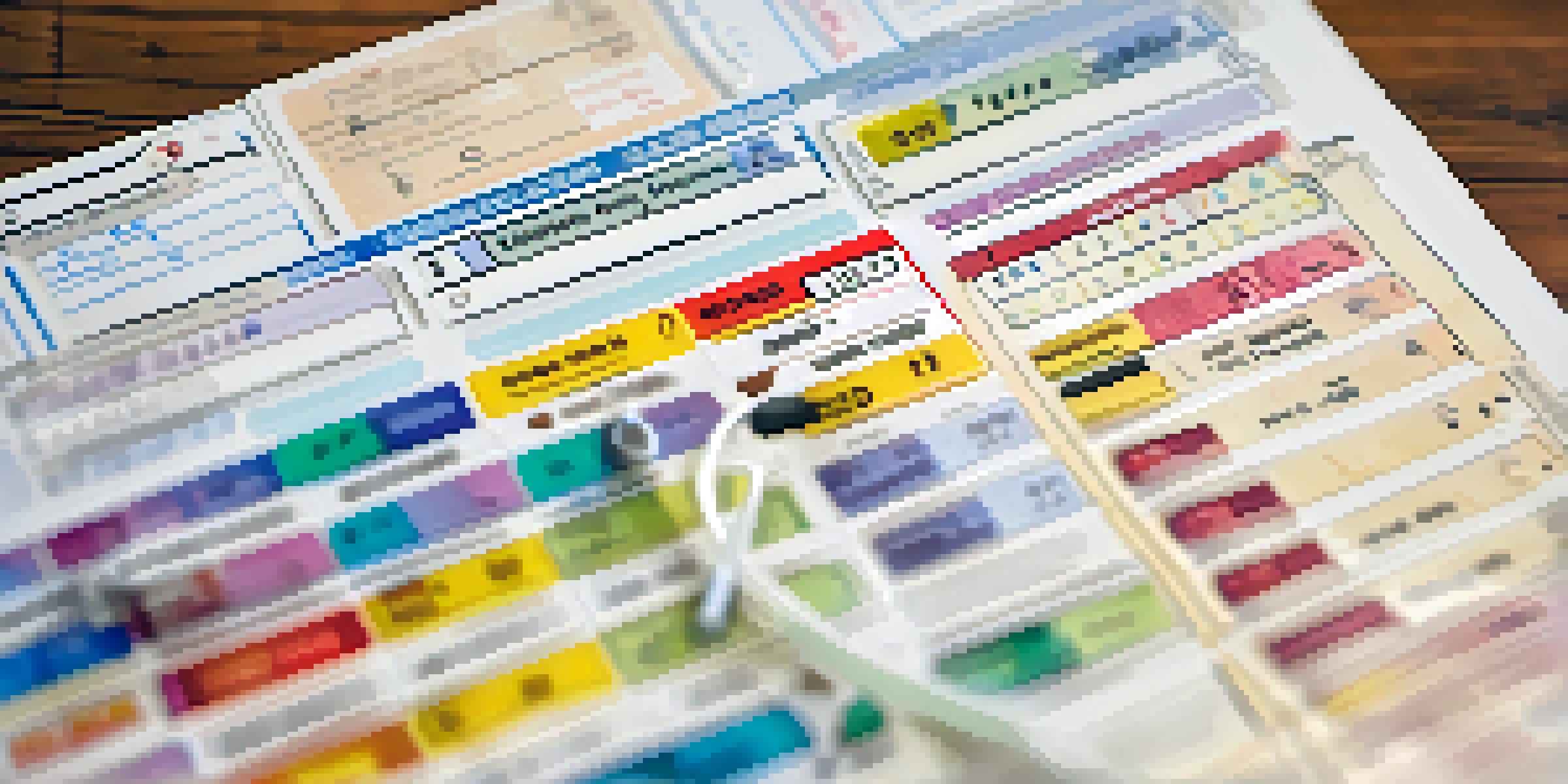 A vaccination record card with colorful stickers and stamps on a wooden table, surrounded by medical supplies.