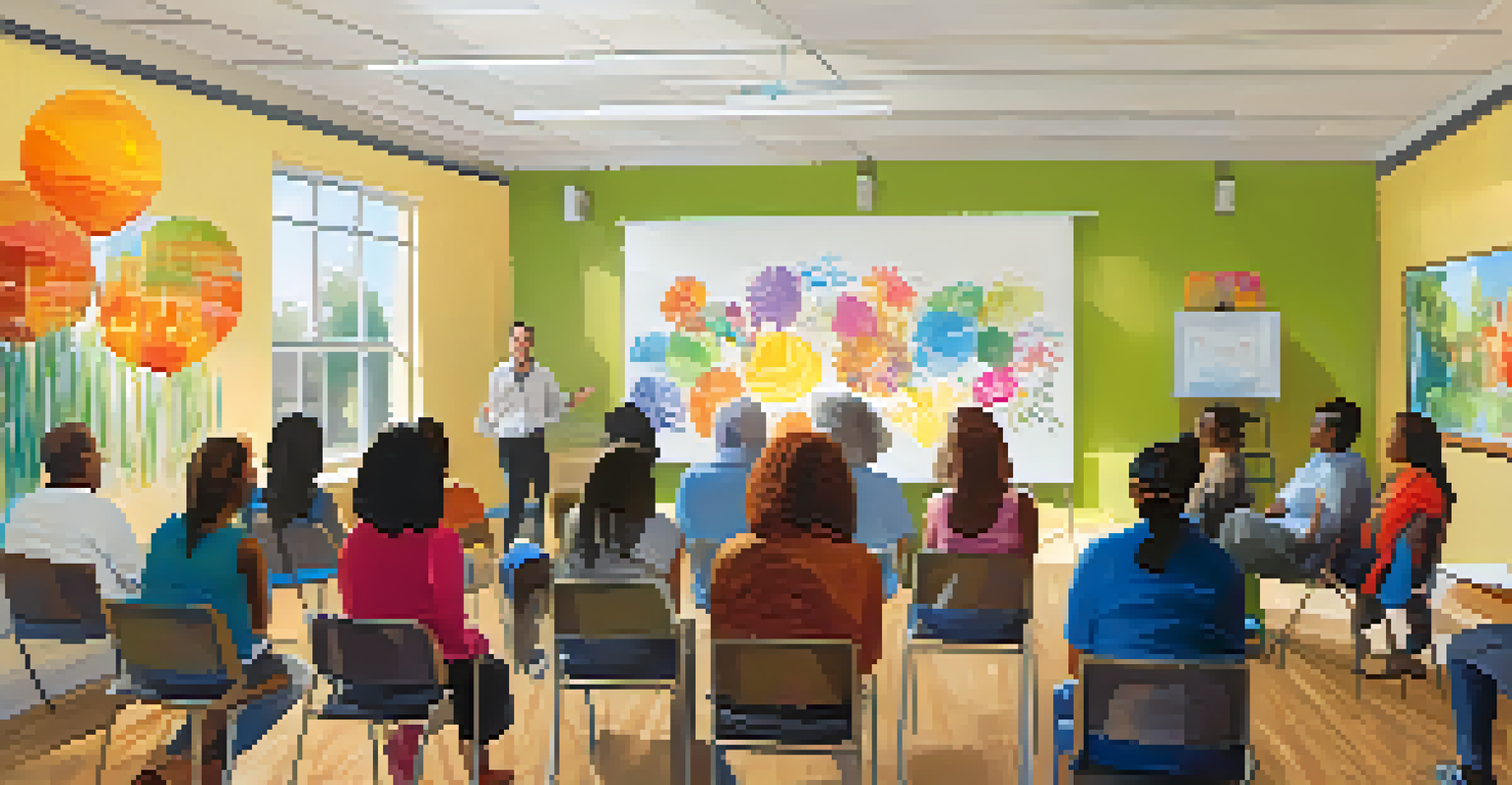A community workshop on mental health with attendees listening to a speaker in a bright community center.