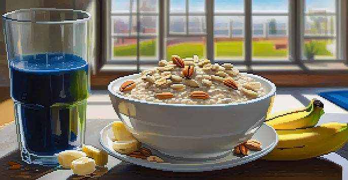 A colorful pre-workout meal with oatmeal, bananas, nuts, and a sports drink, set in a bright gym environment.