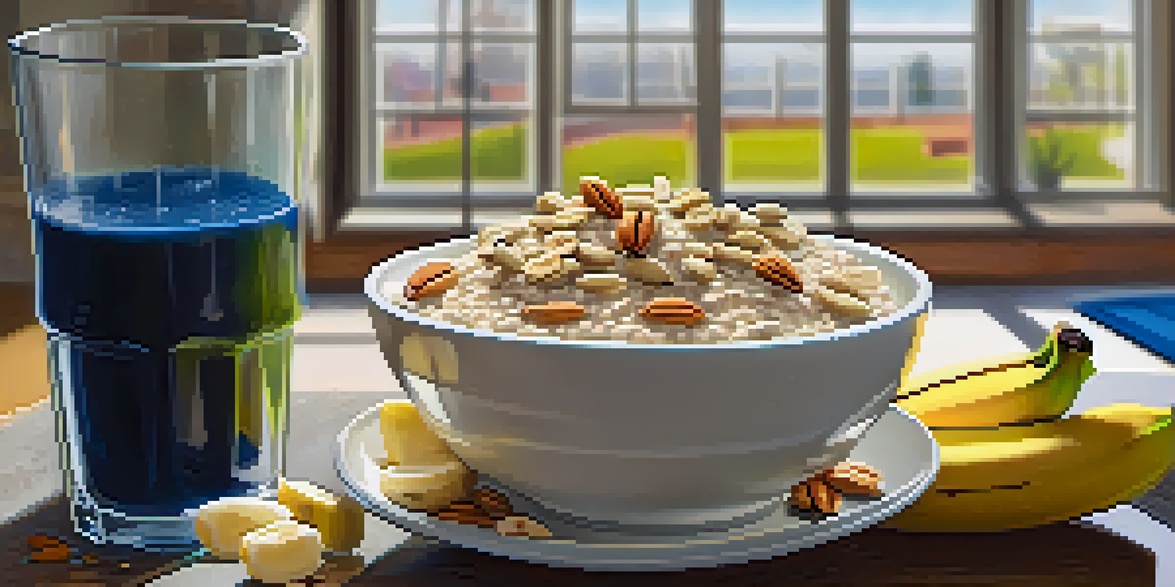 A colorful pre-workout meal with oatmeal, bananas, nuts, and a sports drink, set in a bright gym environment.