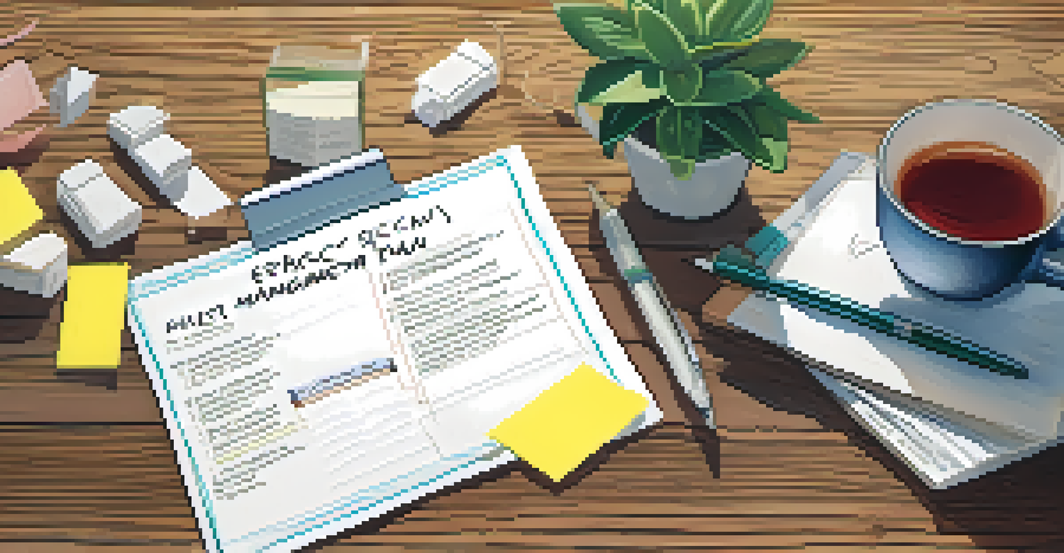 A crisis management plan with handwritten notes and sticky notes on a wooden table, accompanied by a cup of tea and a plant.