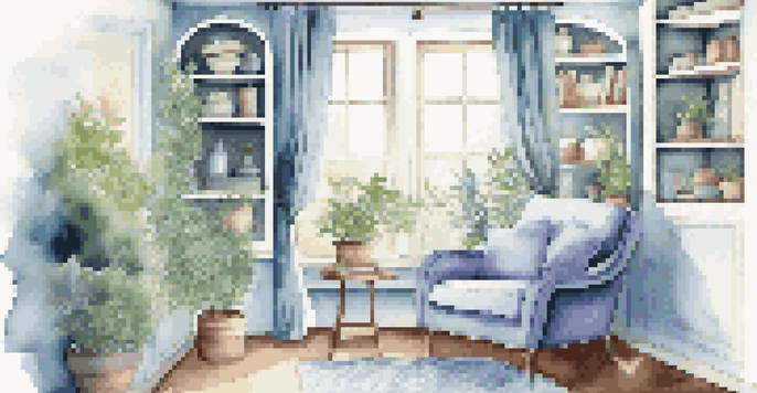 A comforting relaxation corner in a home with an armchair, plants, candles, and a diffuser creating a calming atmosphere.