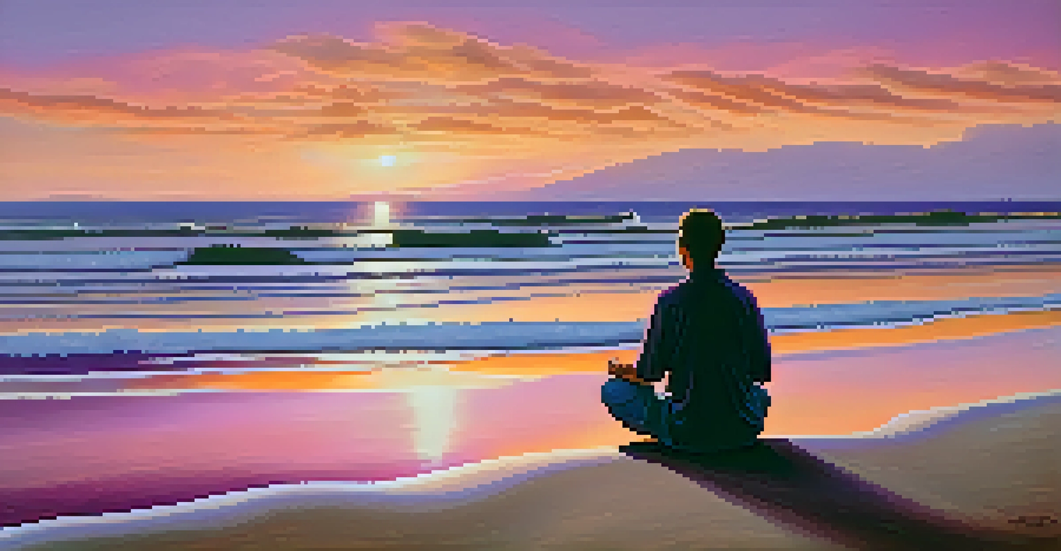 A person meditating on a beach at sunset, surrounded by colorful skies and gentle waves.